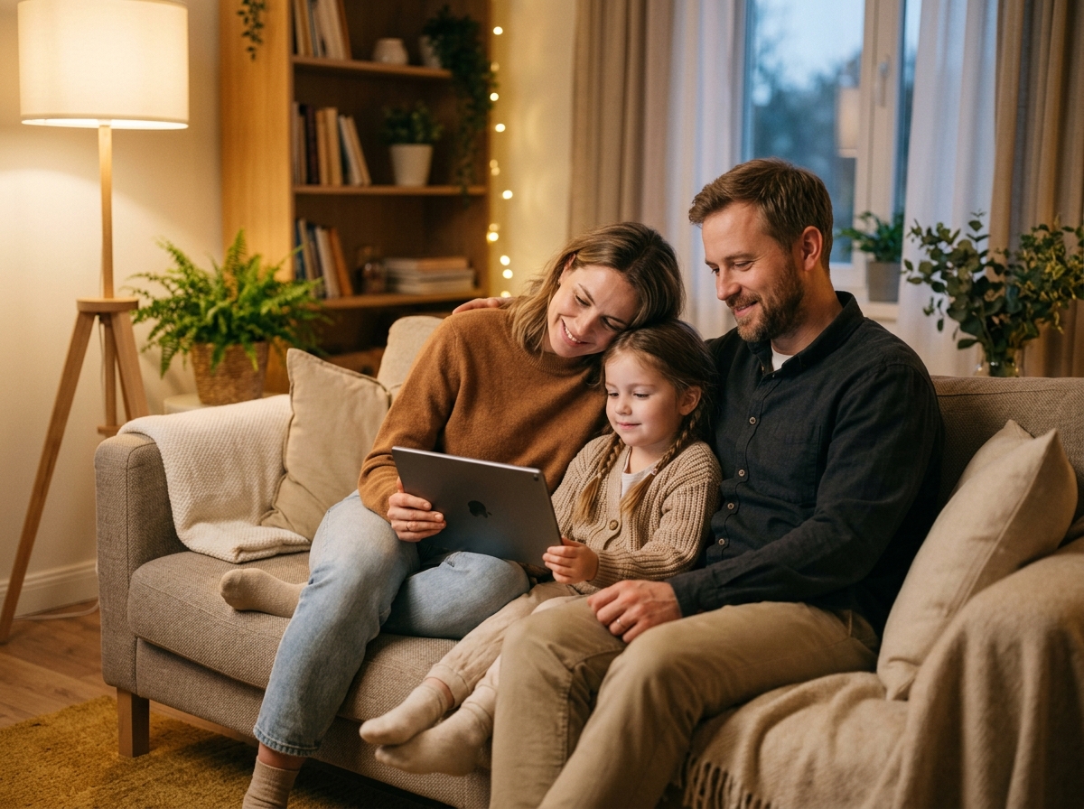 Familie am Tablet, sicher im Netz